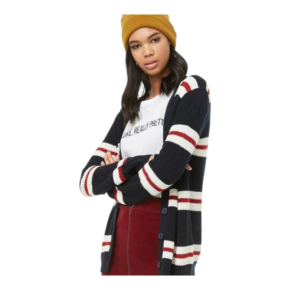 Women's Forever 21 Navy, White & Red Striped Knit Boyfriend Cardigan Size: S
